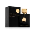 Frasco del perfume Armaf Club de Nuit Intense Woman en color negro brillante con detalles dorados y cadena metálica decorativa. Diseño elegante y misterioso que transmite sofisticación y poder femenino. Ideal para mujeres que buscan una fragancia intensa, floral y duradera.