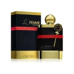 Botella de perfume Armaf Le Femme con diseño refinado en tonos dorado claro y rosa metálico. Frasco femenino y elegante con detalles curvos que evocan sensualidad, delicadeza y lujo. Ideal para mujeres que buscan una fragancia floral y sofisticada.