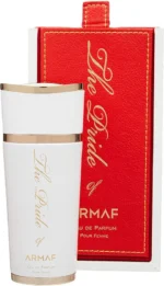 Botella de perfume Armaf The Pride of Armaf White con diseño elegante y minimalista en color blanco con detalles plateados. Presentación de lujo que refleja frescura, pureza y sofisticación. Ideal para hombres que buscan una fragancia moderna y versátil.