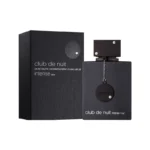 Frasco del perfume Armaf Club De Nuit Intense Man EDT; apertura potente con limón, piña, bergamota, manzana y grosella negra; corazón de rosa, jazmín y abedul; fondo con ámbar gris, vainilla, pachulí y almizcle. Recomendado para climas templados a fríos y salidas nocturnas donde se busca intensidad y longevidad.