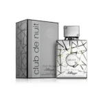 Frasco del perfume Armaf Club de Nuit Sillage; salida metálica y fresca con bergamota, limón y grosella; corazón floral de rosa, iris y jazmín; base de almizcle, ambroxan, sándalo y cedro. Perfecto para uso diario con un aire refinado, ideal para oficina o climas cálidos.