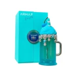 Frasco del perfume Armaf Delights Island Bliss; notas de salida frutales tropicales, corazón de coco cremoso y flores acuáticas como nenúfar y flor de azahar; base dulce de vainilla, almizcle blanco y tonka. Ideal para días cálidos, vacaciones, momentos relajados o actividades al aire libre.