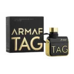 Frasco del perfume Armaf Tag Him Uomo Nero con diseño elegante en negro mate y detalles metálicos, que transmite fuerza, sofisticación y estilo moderno. Ideal para hombres que buscan una fragancia intensa, amaderada y contemporánea.