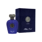 Lattafa Blue Oud Eau de Parfum — fragancia unisex intensa y elegante con notas amaderadas, ahumadas y orientales; perfume de larga duración que combina profundidad, lujo y sofisticación en un frasco azul con detalles dorados.