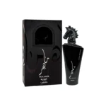 Lattafa Maahir Black Edition Eau de Parfum — fragancia masculina intensa y elegante con notas amaderadas, ambaradas y especiadas; perfume de larga duración que refleja lujo, poder y misterio en un frasco negro con detalles dorados y tapa en forma de caballo árabe.