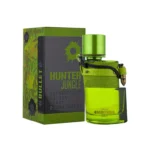 Botella del perfume Armaf Hunter Jungle con diseño audaz en tonos verdes y negros, inspirada en la naturaleza salvaje. Frasco masculino de estética robusta que evoca aventura, frescura y libertad. Ideal para hombres que buscan una fragancia verde, especiada y vibrante.