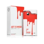 Frasco del perfume Armaf Art d’Amour con diseño femenino y artístico en tonos rosados y dorados. Botella elegante y romántica que refleja amor, sofisticación y delicadeza. Ideal para mujeres que buscan una fragancia floral, dulce y encantadora.