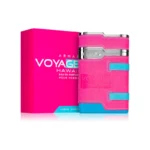 Botella del perfume Armaf Voyage Hawaii con diseño fresco y vibrante en tonos claros con detalles azulados. Frasco moderno que evoca paisajes tropicales, brisa marina y libertad. Ideal para quienes buscan una fragancia ligera, exótica y refrescante para el día a día.